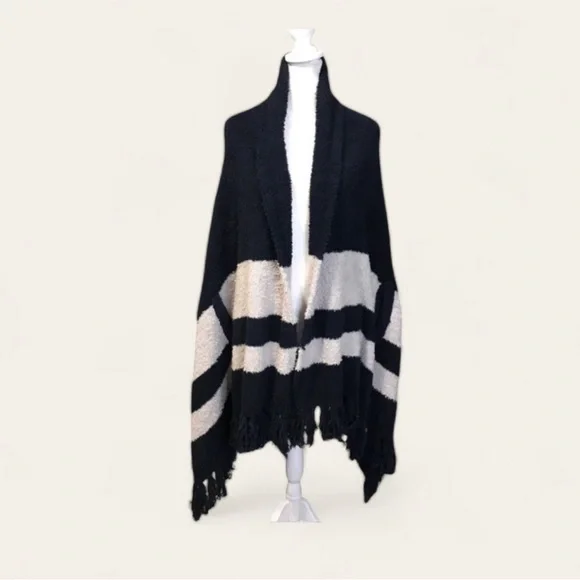 Barefoot Dreams Cozychic Malibu Wrap Indigo/Oyster Stripe OS - Picture 7 of 13